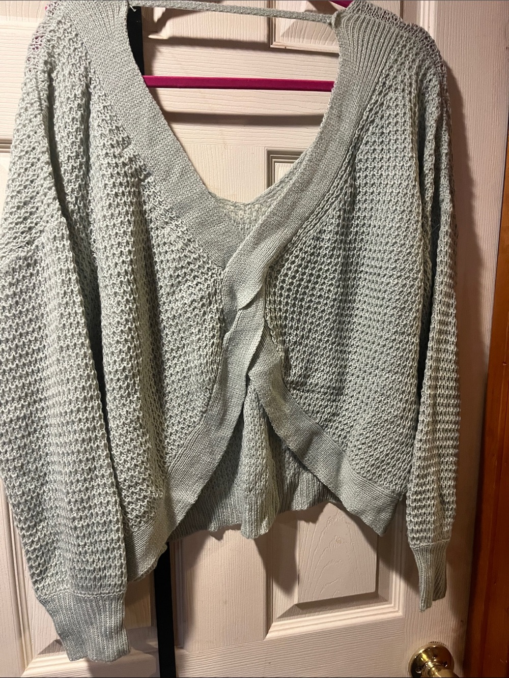 Hem & Thread Light Sage Knit V-Neck Waffle Sweater